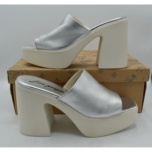 Free People EU 39.5 US 9 Zoe Platform Silver Metallic Leather Slide Sandal Shoes - Picture 11 of 13